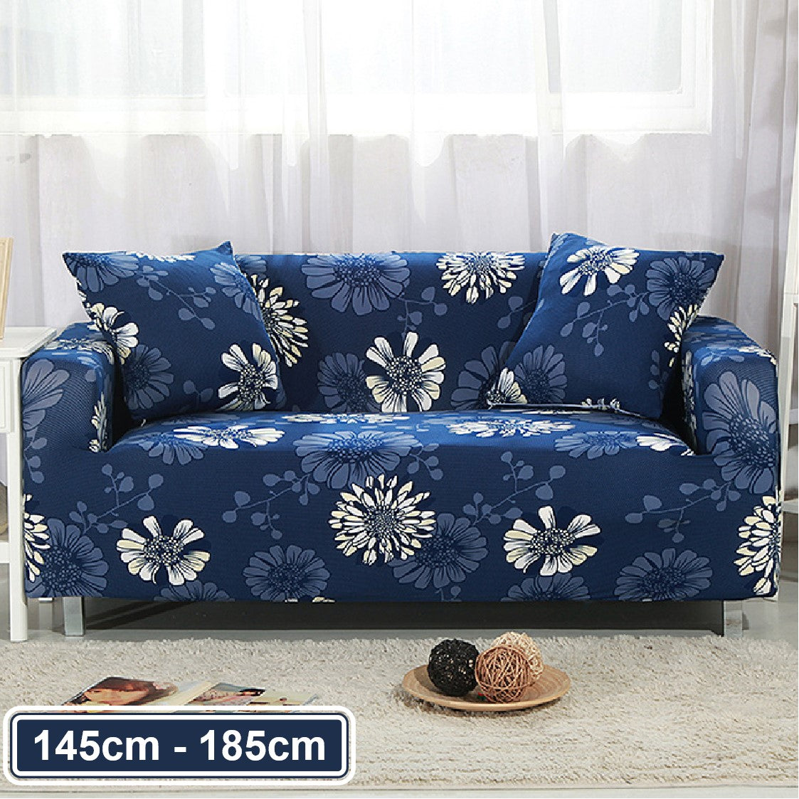 Couch Cover Dark Blue with Chrysanthemum 2 Seater