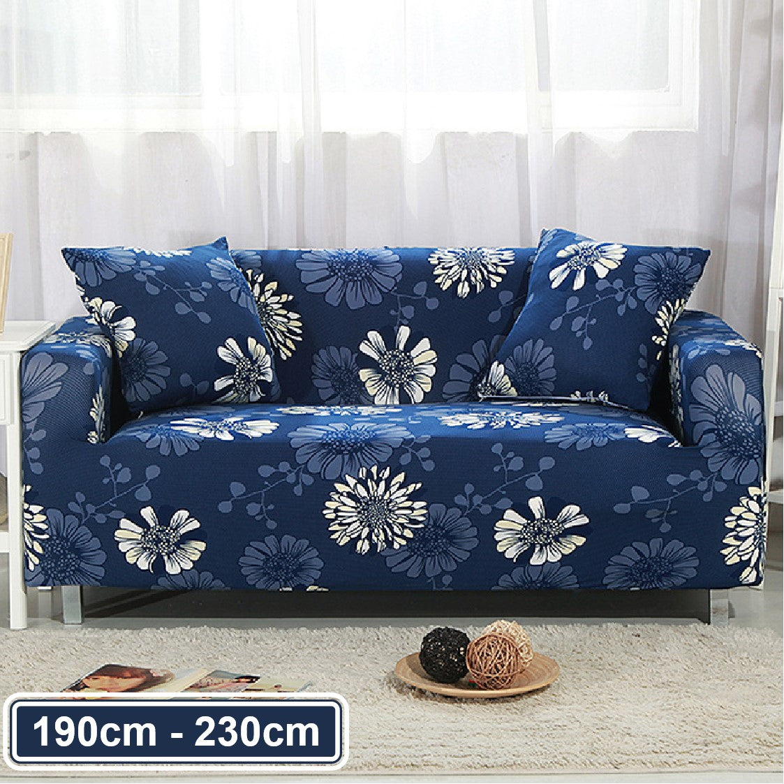 Couch Cover Dark Blue with Chrysanthemum 3 Seater