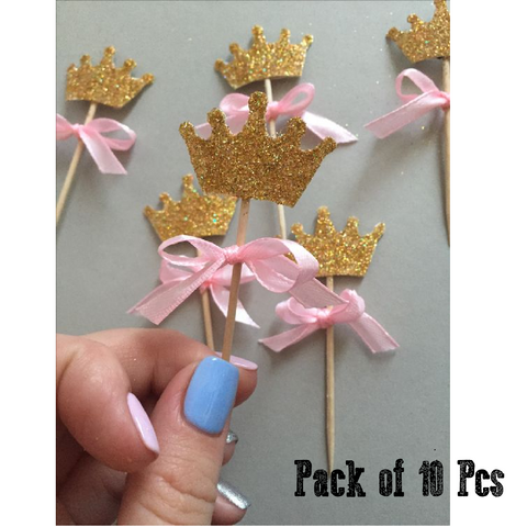 Cupcake Topper Cake Decorations Gold Crown with Blue Ribbon - Set of 10