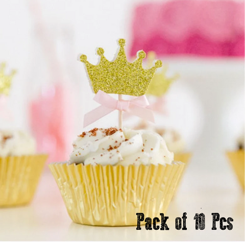 Cupcake Topper Cake Decorations Gold Crown with Blue Ribbon - Set of 10