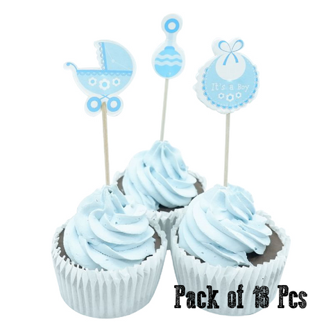 Cupcake Topper Cake Decorations Baby Shower 'It's a boy' - Set of 18 - Blue