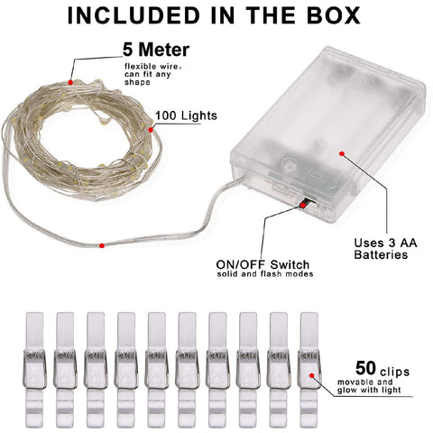 40 LED Fairy String Lights with 50 Clear Clips for Hanging Pictures Photo