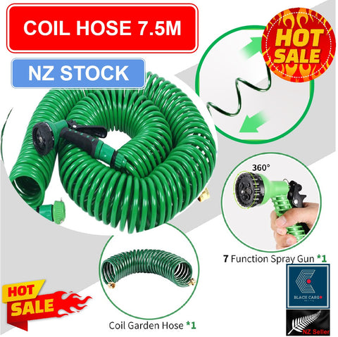 Heavy Duty Garden Water Hose Recoil 750cm Curly Water Hose 7 Function Sprayer