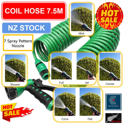 Heavy Duty Garden Water Hose Recoil 750cm Curly Water Hose 7 Function Sprayer