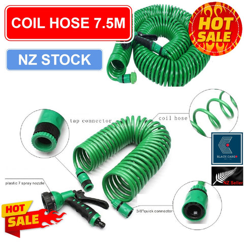 Heavy Duty Garden Water Hose Recoil 750cm Curly Water Hose 7 Function Sprayer