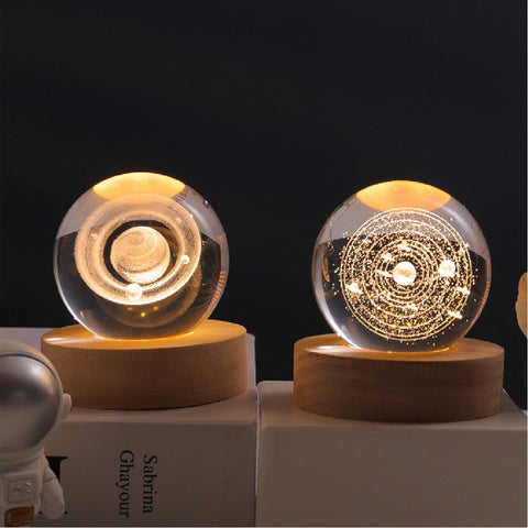 3D Saturn Crystal Ball Night Light Lamp LED Table Lamp Wooden Base