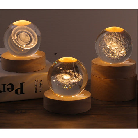 3D Saturn Crystal Ball Night Light Lamp LED Table Lamp Wooden Base