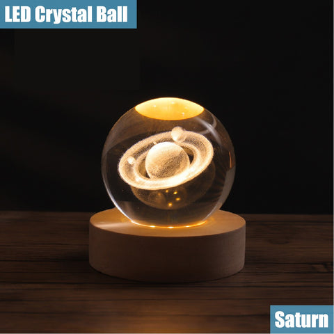 3D Saturn Crystal Ball Night Light Lamp LED Table Lamp Wooden Base