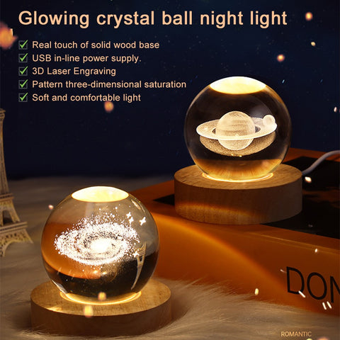 3D Saturn Crystal Ball Night Light Lamp LED Table Lamp Wooden Base