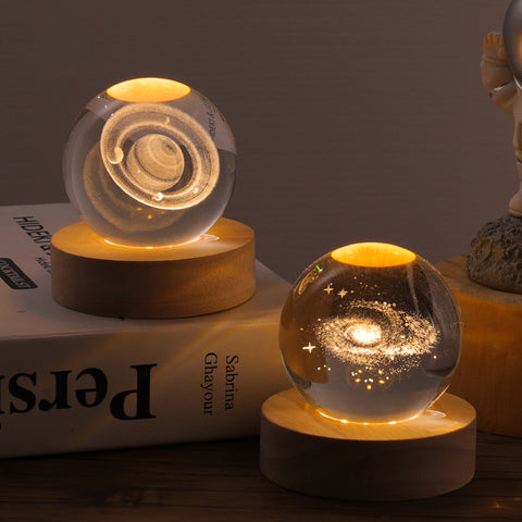 3D Saturn Crystal Ball Night Light Lamp LED Table Lamp Wooden Base