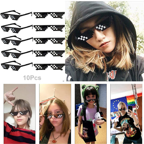 10pack Party Sunglasses Pixelated Mosaic Eyewear Black for Unisex Adults Kids