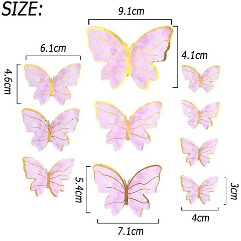 10Pcs Cake Decoration Cake Topper 3D Butterflies - Purple with Gold Trim