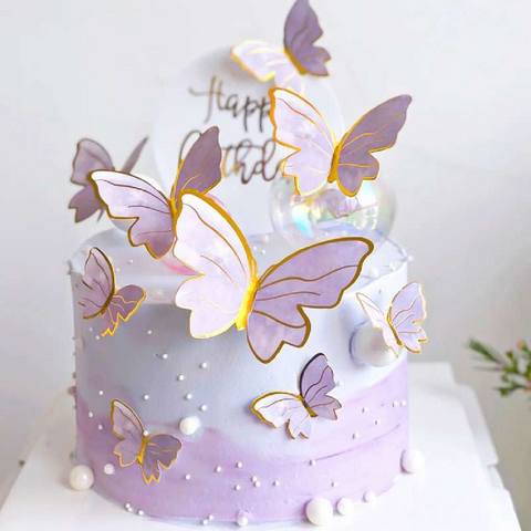 10Pcs Cake Decoration Cake Topper 3D Butterflies - Purple with Gold Trim