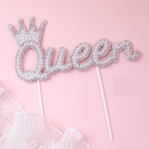 Cake Topper Cake Decoration QUEEN, Sparkly Pearl - White