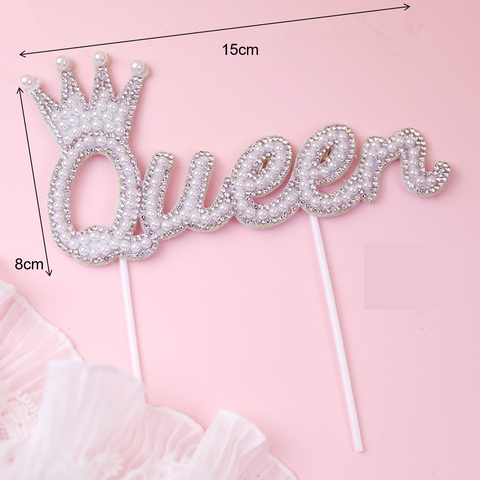 Cake Topper Cake Decoration QUEEN, Sparkly Pearl - White