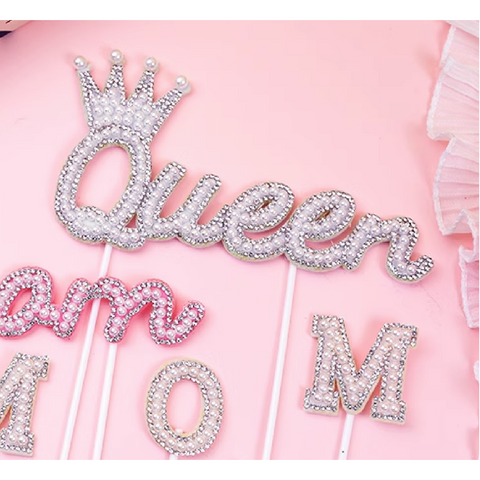 Cake Topper Cake Decoration QUEEN, Sparkly Pearl - White