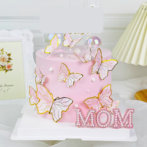 Cake Topper Cake Decoration 'MOM' Mother's Day Sparkly Pearl - Pink