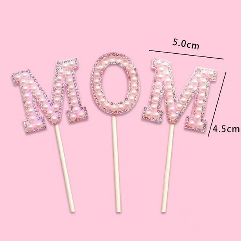 Cake Topper Cake Decoration 'MOM' Mother's Day Sparkly Pearl - Pink