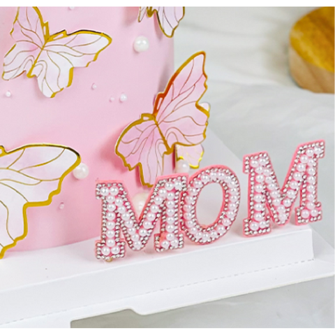 Cake Topper Cake Decoration 'MOM' Mother's Day Sparkly Pearl - Pink