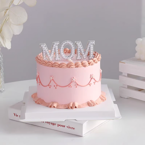 Cake Topper Cake Decoration 'MOM' Mother's Day Sparkly Pearl - White