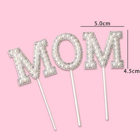 Cake Topper Cake Decoration 'MOM' Mother's Day Sparkly Pearl - White