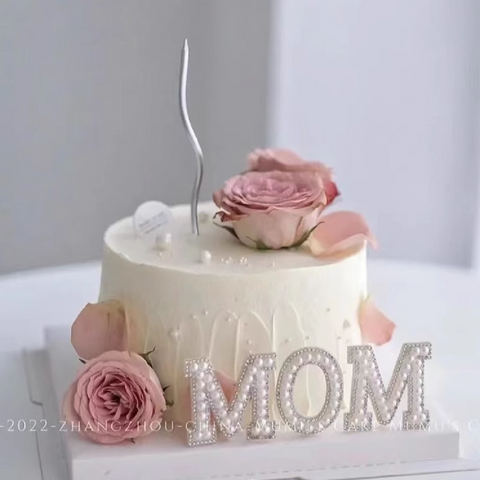 Cake Topper Cake Decoration 'MOM' Mother's Day Sparkly Pearl - White