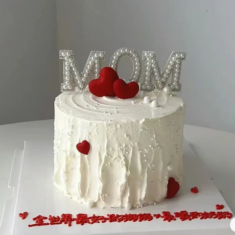 Cake Topper Cake Decoration 'MOM' Mother's Day Sparkly Pearl - White