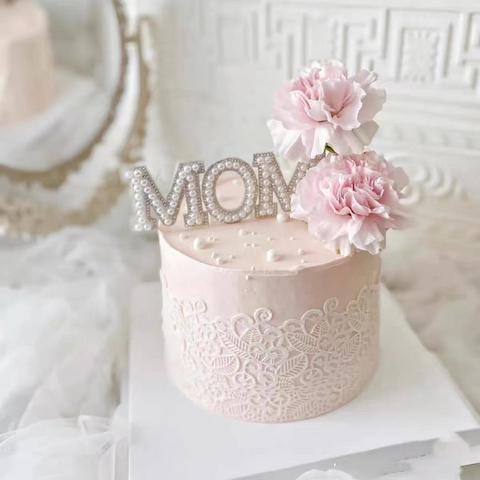 Cake Topper Cake Decoration 'MOM' Mother's Day Sparkly Pearl - White