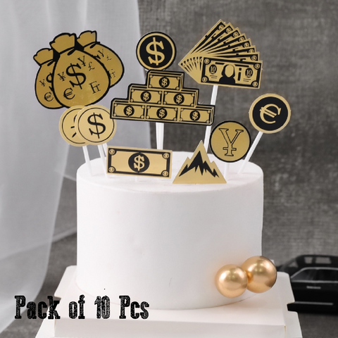 10Pcs Cake Topper Cake Decoration - Gold Dollar Money Theme Sign