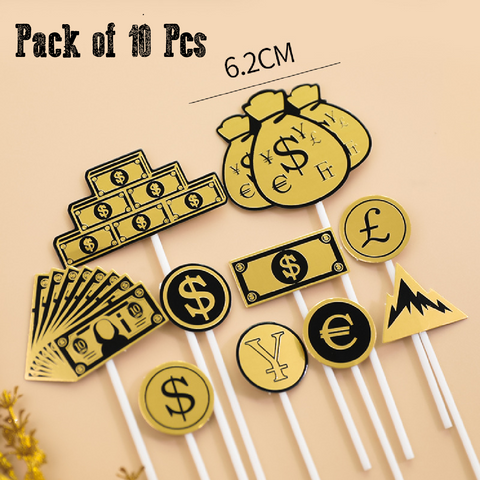 10Pcs Cake Topper Cake Decoration - Gold Dollar Money Theme Sign