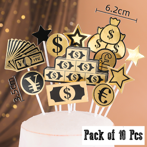 10Pcs Cake Topper Cake Decoration - Gold Dollar Money Theme Sign