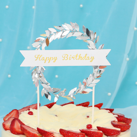 Happy Birthday Cake Topper Cake Decoration - Silver Garland