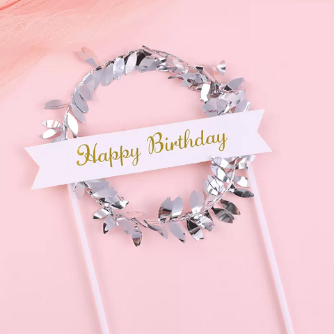 Happy Birthday Cake Topper Cake Decoration - Silver Garland