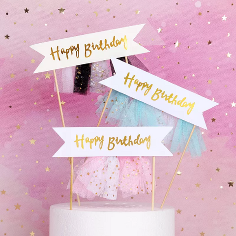 Happy Birthday Cake Topper Cake Decoration Banner - Pink