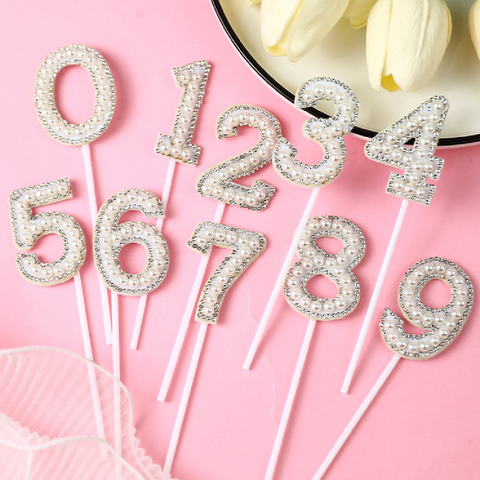 Cake Topper Cake Decoration Glitter & White Pearl - Number 0