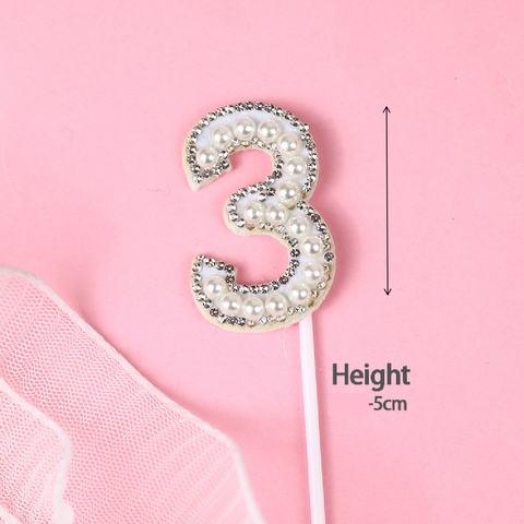 Cake Topper Cake Decoration Glitter & White Pearl - Number 3