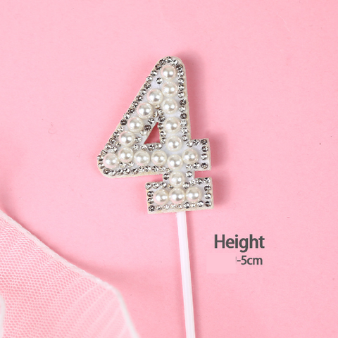 Cake Topper Cake Decoration Glitter & White Pearl - Number 4