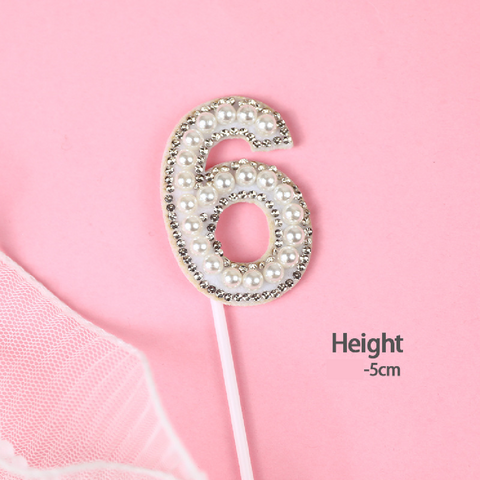 Cake Topper Cake Decoration Glitter & White Pearl - Number 6