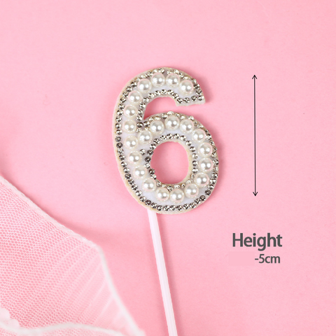 Cake Topper Cake Decoration Glitter & White Pearl - Number 6