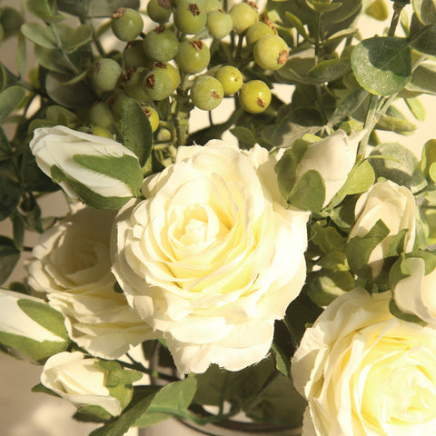 Artificial Silk Flower Rose Peony Flowers with Wild Berries - White