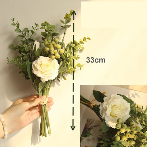 Artificial Silk Flower Rose Peony Flowers with Wild Berries - White