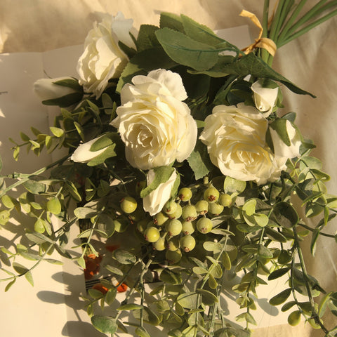 Artificial Silk Flower Rose Peony Flowers with Wild Berries - White