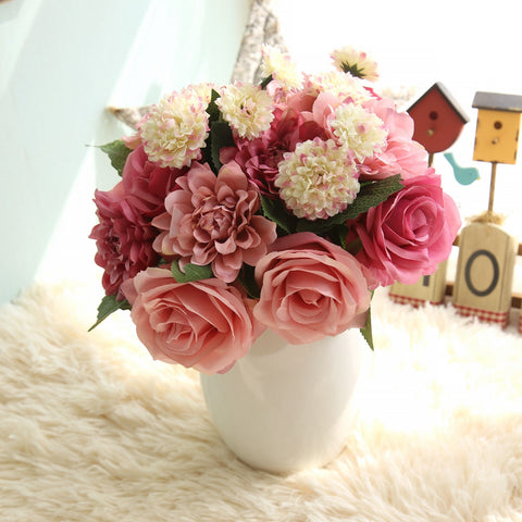 10 Rose Pink Rose Peony Flowers heads 38cm Artificial Silk Flower Bouquet