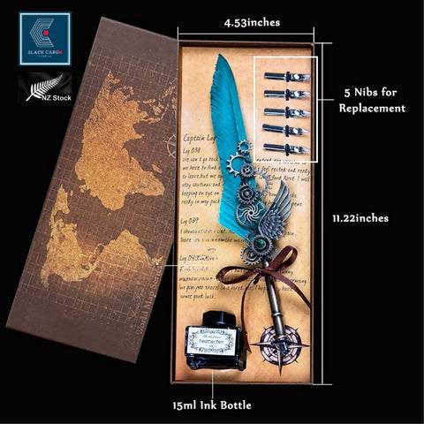 Feather writing calligraphy pen set mechanical wings gear decoration