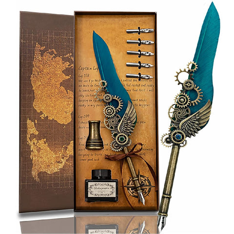 Feather writing calligraphy pen set mechanical wings gear decoration