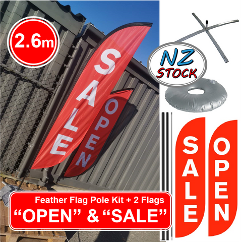 Footpath Sign Sale & Open Feather Flag Kits Signage 2.6 m with 2 flags