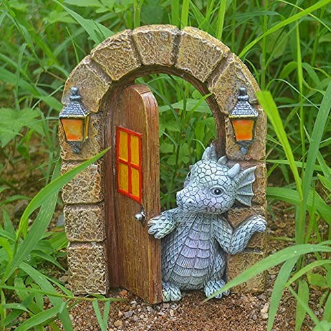 Dragon behind Door Garden Gnome Outdoor Statue Naughty Gnome Ornament