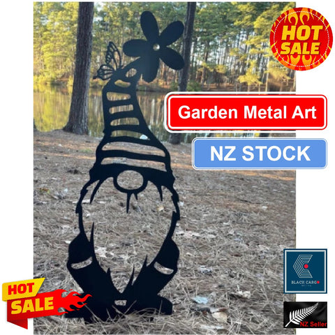 Funny Gnome Statue Black Metal Garden Stakes Fence Hanging Decor