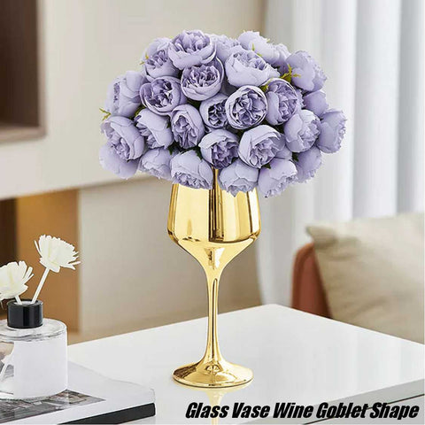 Glass Vase Wine Goblet Shape Table Flower Pot Ornament Home Decor - Golden