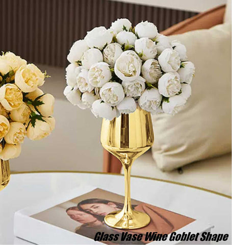 Glass Vase Wine Goblet Shape Table Flower Pot Ornament Home Decor - Golden